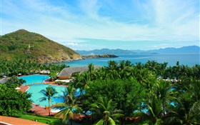 Palm trees, pool, house, mountains, island, sea, Thailand HD wallpaper
