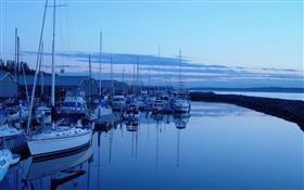 Pier, sailboats, evening, sea HD wallpaper