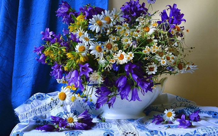 White yellow blue flowers, vase Wallpapers Pictures Photos Images