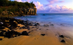 Beach, coast, stones, sunset, sea HD wallpaper
