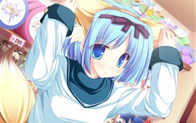 Blue hair anime girl in shop HD wallpaper