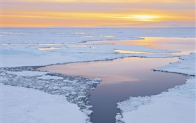 Winter, lake, snow, sunset HD wallpaper
