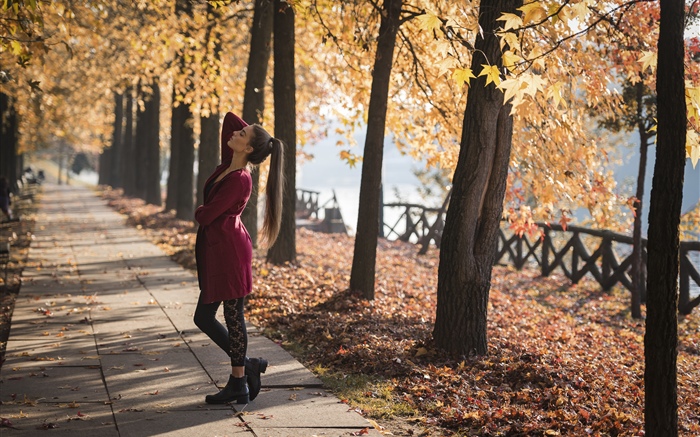 Red dress girl, dance, park, trees, autumn Wallpapers Pictures Photos Images