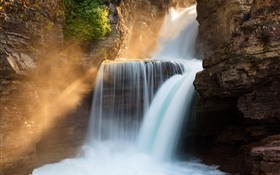 St. Mary Falls, sun rays, Glacier National Park, Montana, USA HD wallpaper