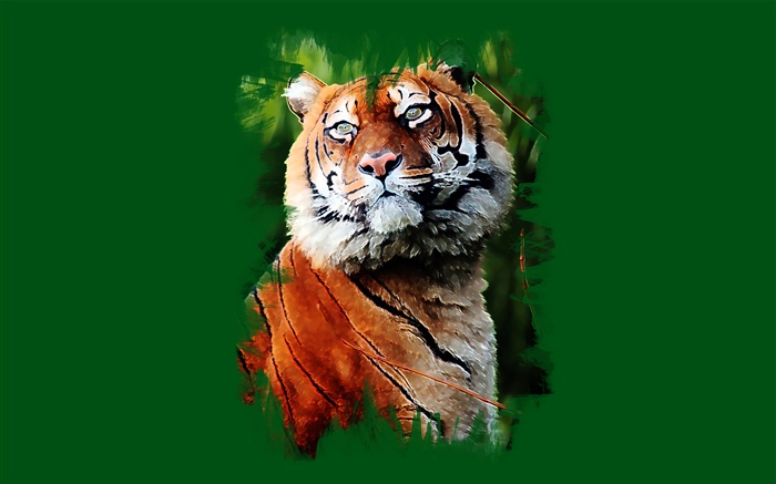 Art painting, tiger, green background Wallpapers Pictures Photos Images