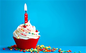 Birthday cake, cream, candle, flame, blue background HD wallpaper
