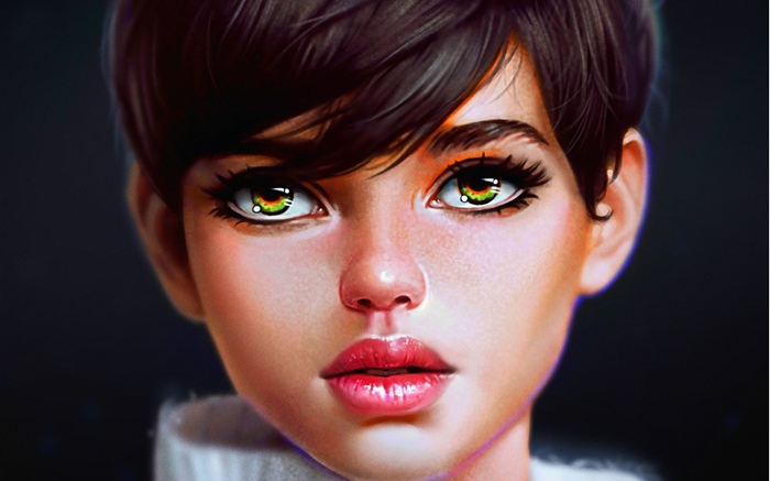 Fantasy girl, green eyes, black background Wallpapers Pictures Photos Images