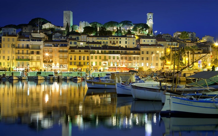 France, Cannes, city, houses, river, boat, lights, night Wallpapers Pictures Photos Images
