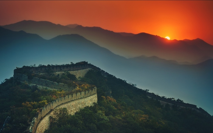 Great Wall, mountains, sunset, dusk Wallpapers Pictures Photos Images