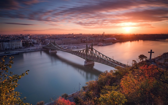Budapest, Hungary, river, bridge, sunset Wallpapers Pictures Photos Images