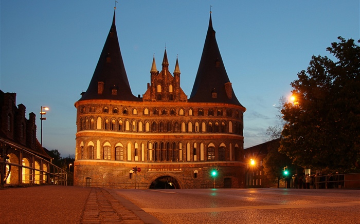 Germany, Holstentor, Lubeck, castle, night, lights Wallpapers Pictures Photos Images