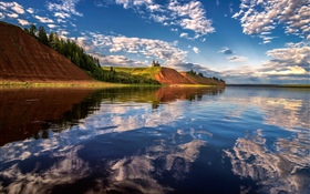 Mezen river, Russia, castle, water reflection, clouds HD wallpaper