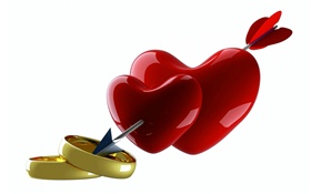 Two red love hearts, arrow, rings HD wallpaper