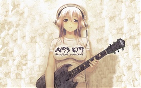 Anime girl, headphone, guitar HD wallpaper