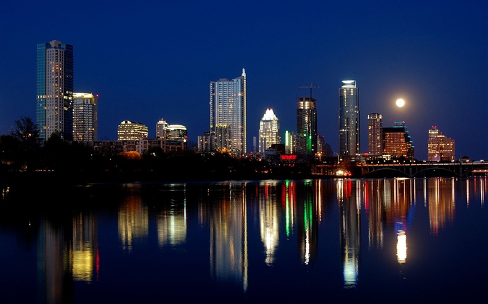 Austin, USA, city night, skyscrapers, lights, river, moon Wallpapers Pictures Photos Images