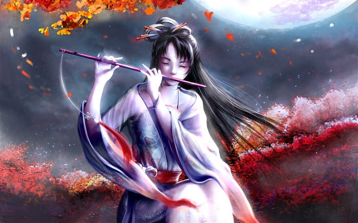 Beautiful fantasy girl, flute, flowers Wallpapers Pictures Photos Images