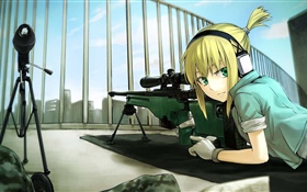 Blonde anime girl, green eyes, sniper