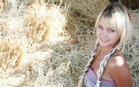 Blonde girl, smile, hay HD wallpaper
