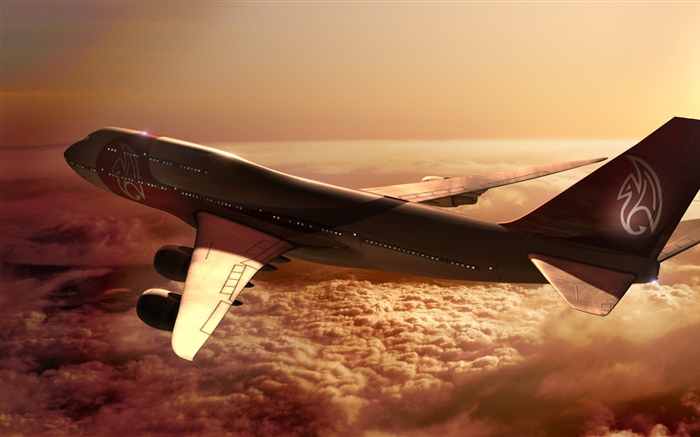 Boeing 747 airplane, clouds, sun Wallpapers Pictures Photos Images