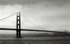 Bridge, river, black and white picture HD wallpaper