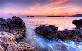 Coast, rocks, sunset HD wallpaper