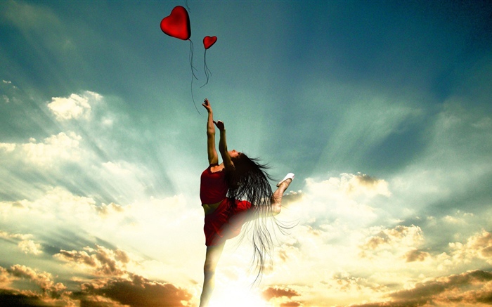 Dancing girl, red skirt, love heart, clouds, sun rays Wallpapers Pictures Photos Images