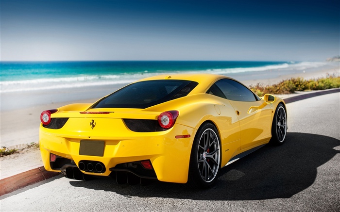 Ferrari yellow car, sea, beach Wallpapers Pictures Photos Images