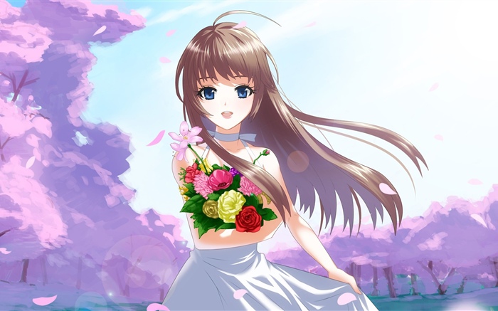 Happy anime girl, flowers, wind Wallpapers Pictures Photos Images