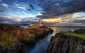 Ireland, lighthouse, sea, rocks, sunset HD wallpaper