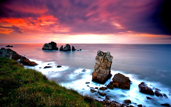Nature landscape, sea, rocks, sunset Wallpapers Pictures Photos Images