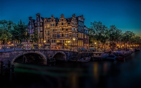Amsterdam, Netherlands, bridge, river, lights, night HD wallpaper