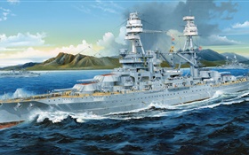 Battleship, sea, painting