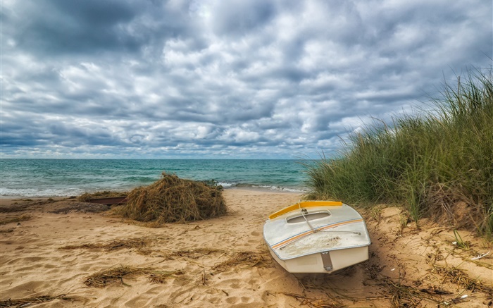 Beach, sea, boat, grass, clouds Wallpapers Pictures Photos Images