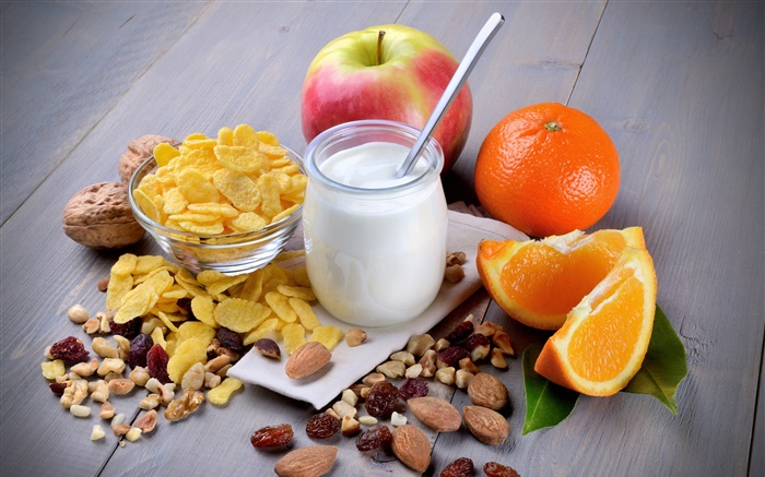 Breakfast, milk, apple, orange, nuts Wallpapers Pictures Photos Images
