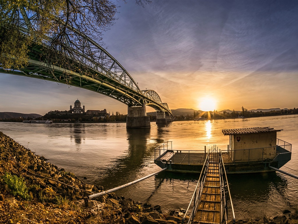 Bridge, river, boat, sunset 1024x768 wallpaper