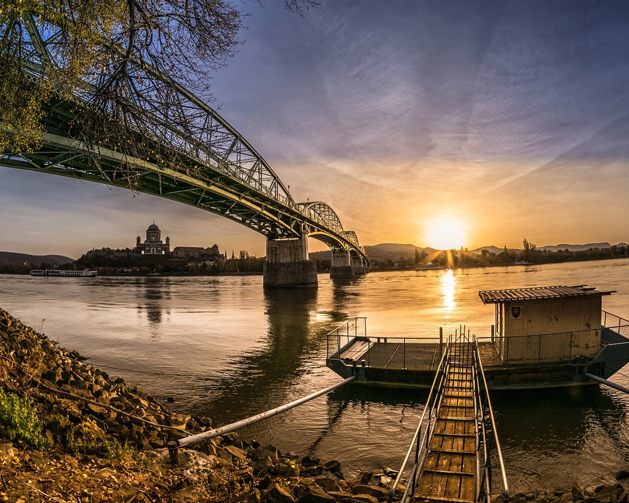 Bridge, river, boat, sunset 1280x1024 wallpaper