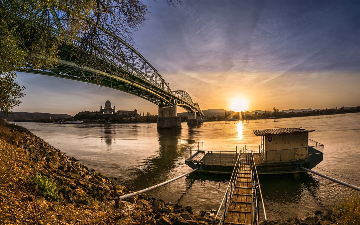 Bridge, river, boat, sunset 1440x900 wallpaper