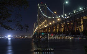 California, San Francisco, bridge, lights, river, night