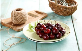 Cherries, fruit, plate HD wallpaper