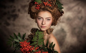 Girl, hairstyle, red berries HD wallpaper