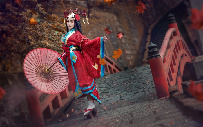 Red dress Japanese girl, kimono, pose Wallpapers Pictures Photos Images