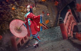 Red dress Japanese girl, kimono, pose HD wallpaper