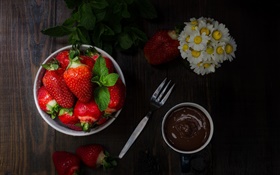 Strawberry, chocolate, flowers, knife HD wallpaper