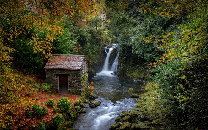 UK, Cumbria, waterfall, house, plants Wallpapers Pictures Photos Images