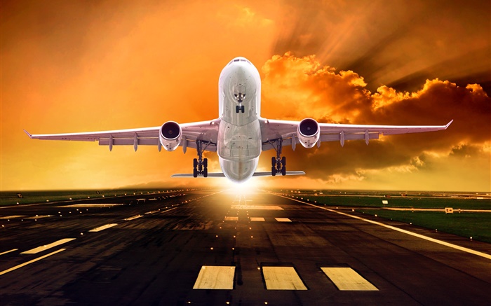 Airplane, take off, wings, front view, clouds, sunrise Wallpapers Pictures Photos Images