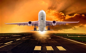 Airplane, take off, wings, front view, clouds, sunrise