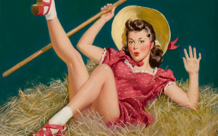 Girl, hat, hay, oil painting Wallpapers Pictures Photos Images