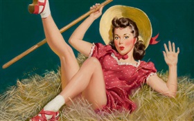 Girl, hat, hay, oil painting