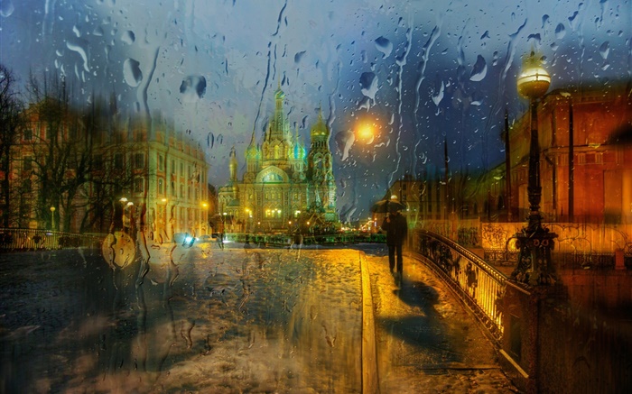 St. Petersburg, glass, water droplets, rain, night, city Wallpapers Pictures Photos Images