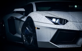 White Lamborghini supercar, water droplets